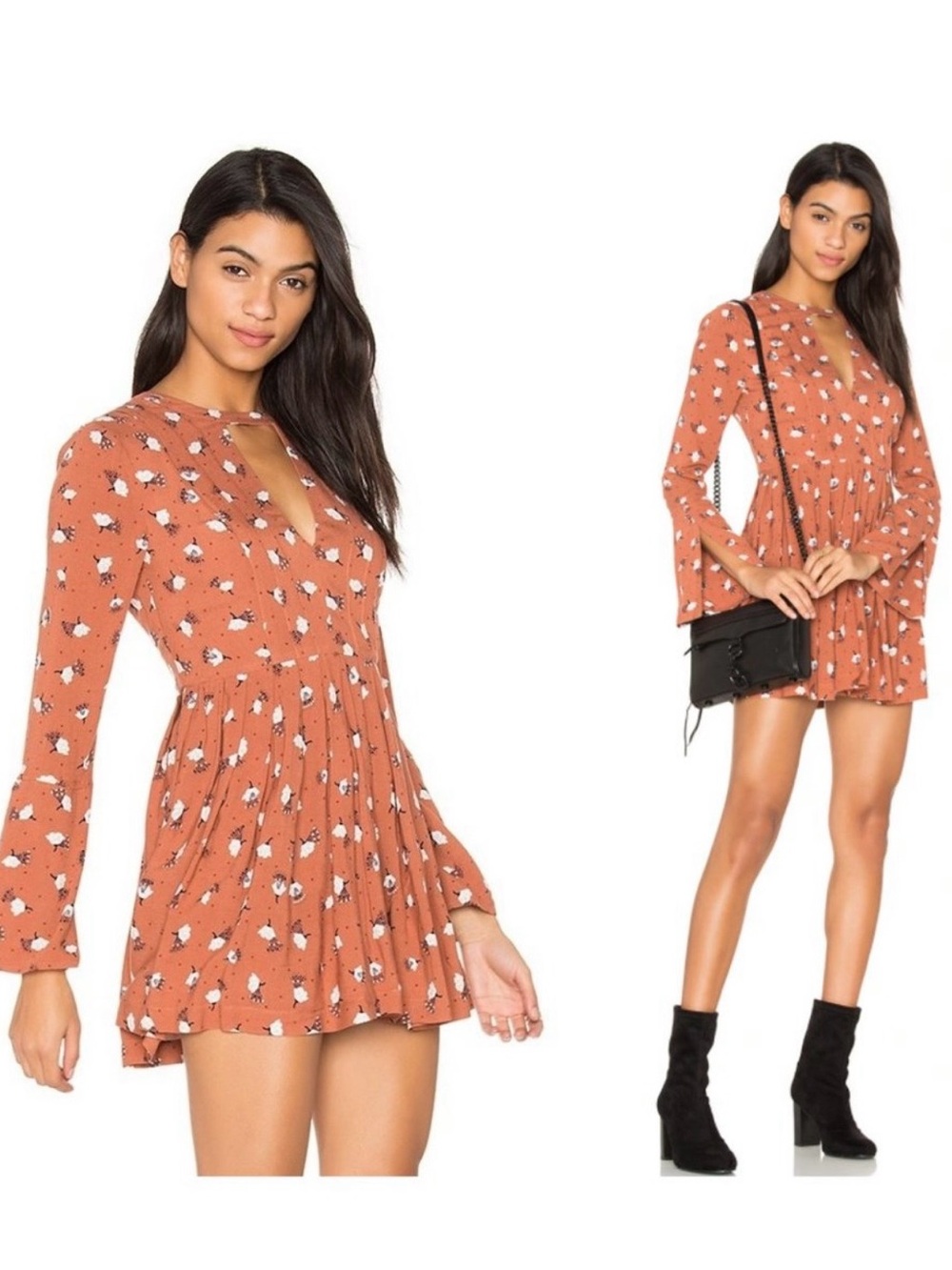 Free People Tegan Mini Dress Rust Floral Long-Sleeve Mini Dress